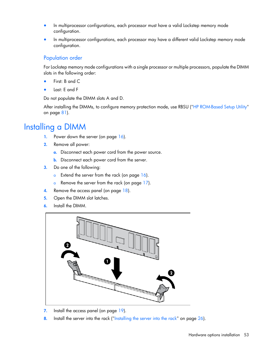 Population order, Installing a dimm | HP ProLiant DL360e Gen8 Server User Manual | Page 53 / 114