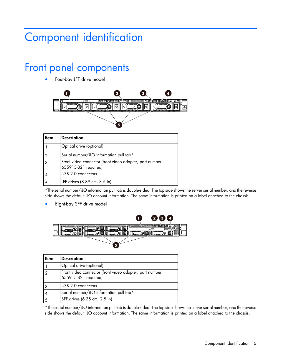 Component identification, Front panel components | HP ProLiant DL360e Gen8 Server User Manual | Page 6 / 114