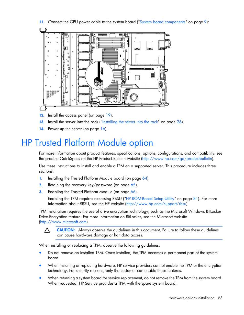 Hp trusted platform module option | HP ProLiant DL360e Gen8 Server User Manual | Page 63 / 114