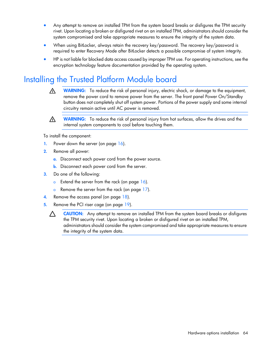 Installing the trusted platform module board | HP ProLiant DL360e Gen8 Server User Manual | Page 64 / 114