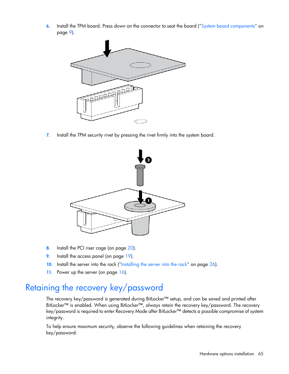 Retaining the recovery key/password | HP ProLiant DL360e Gen8 Server User Manual | Page 65 / 114