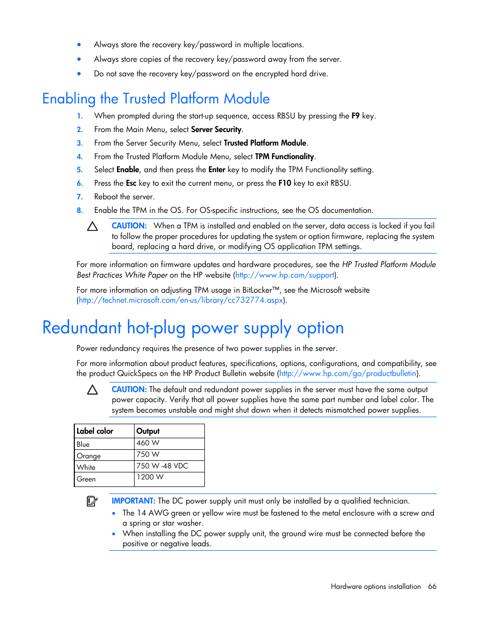 Enabling the trusted platform module, Redundant hot-plug power supply option | HP ProLiant DL360e Gen8 Server User Manual | Page 66 / 114
