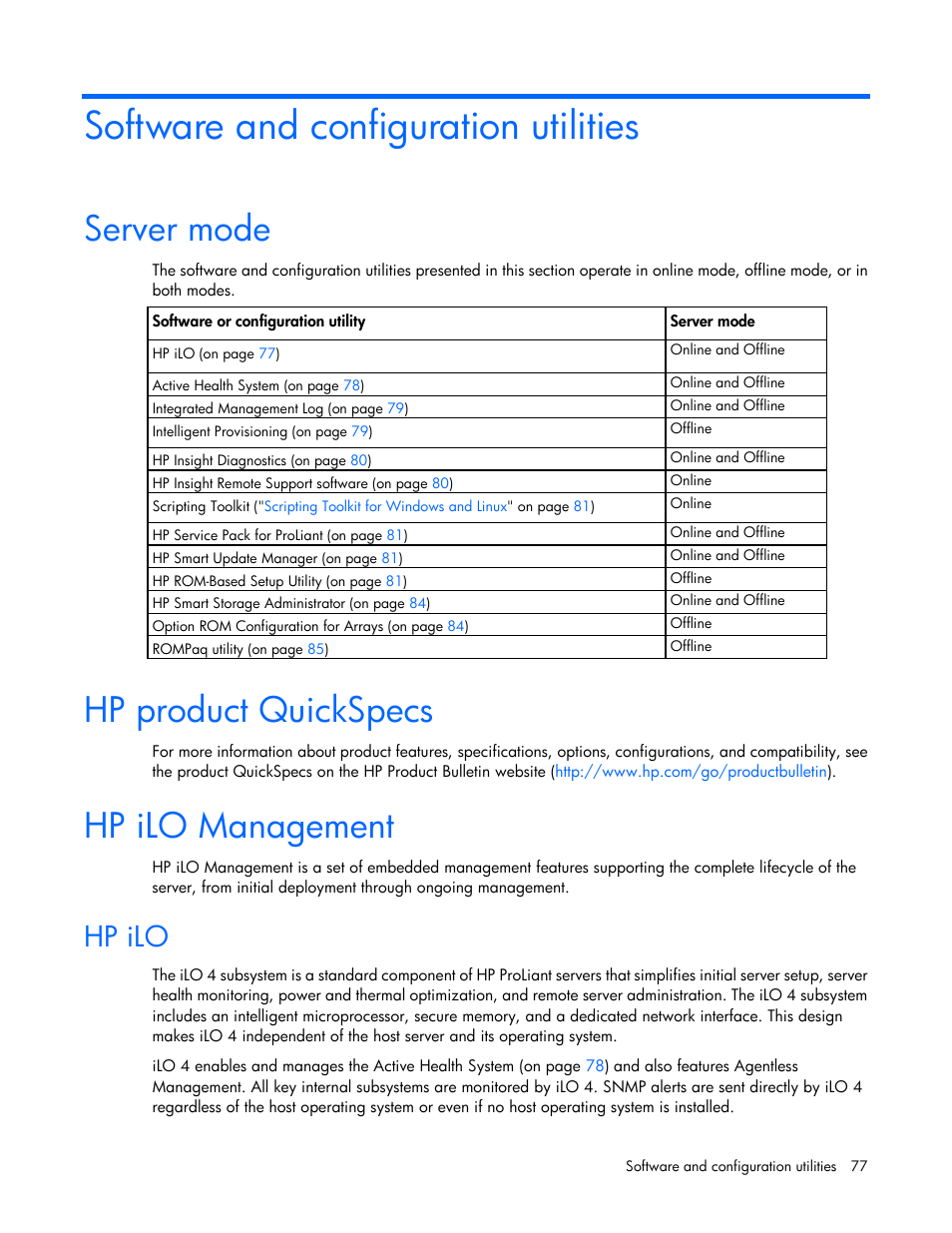 Software and configuration utilities, Server mode, Hp product quickspecs | Hp ilo management, Hp ilo | HP ProLiant DL360e Gen8 Server User Manual | Page 77 / 114