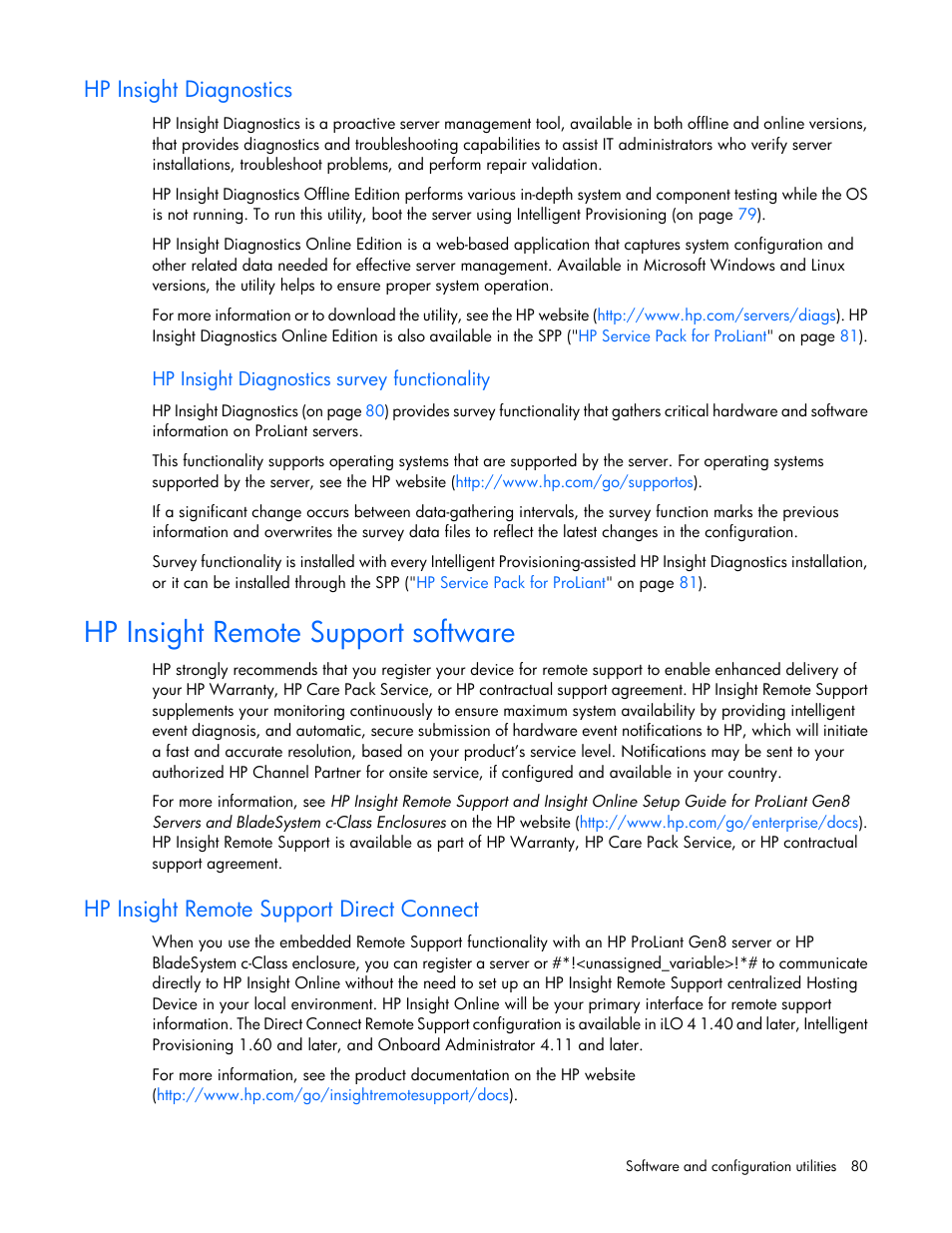 Hp insight diagnostics, Hp insight diagnostics survey functionality, Hp insight remote support software | Hp insight remote support direct connect | HP ProLiant DL360e Gen8 Server User Manual | Page 80 / 114