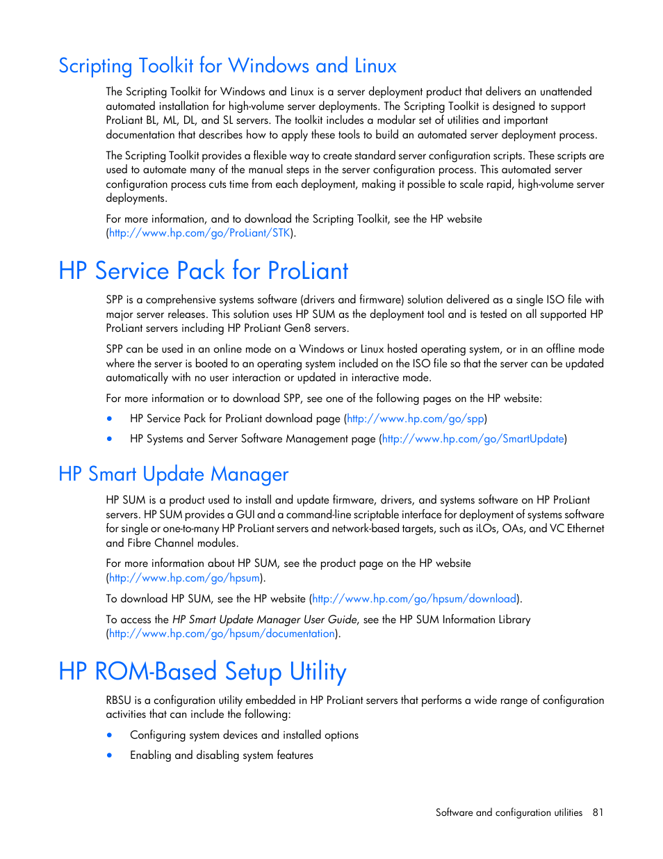 Scripting toolkit for windows and linux, Hp service pack for proliant, Hp smart update manager | Hp rom-based setup utility | HP ProLiant DL360e Gen8 Server User Manual | Page 81 / 114
