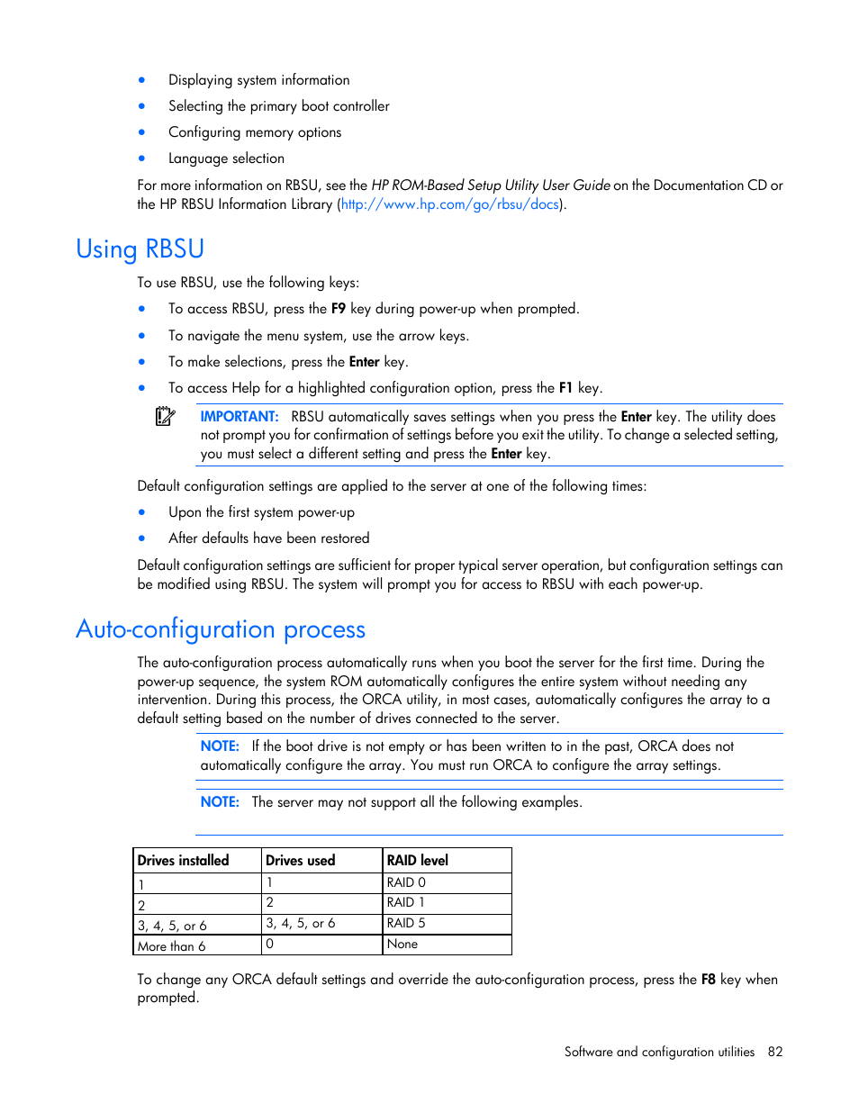 Using rbsu, Auto-configuration process | HP ProLiant DL360e Gen8 Server User Manual | Page 82 / 114