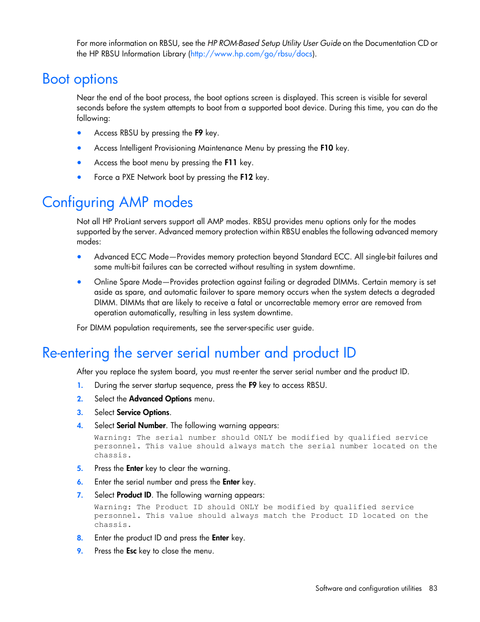 Boot options, Configuring amp modes | HP ProLiant DL360e Gen8 Server User Manual | Page 83 / 114