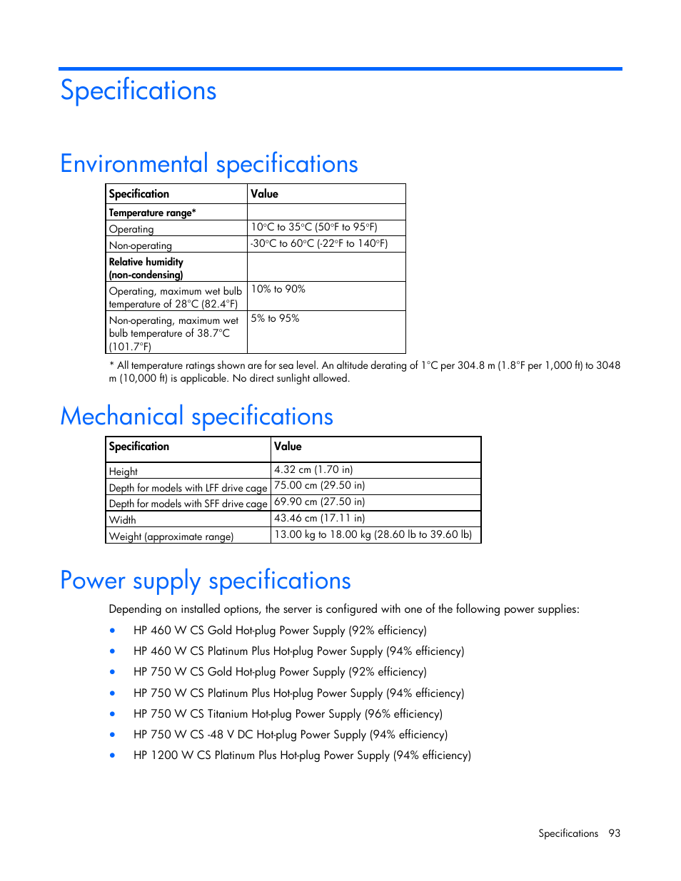 Specifications, Environmental specifications, Mechanical specifications | Power supply specifications | HP ProLiant DL360e Gen8 Server User Manual | Page 93 / 114