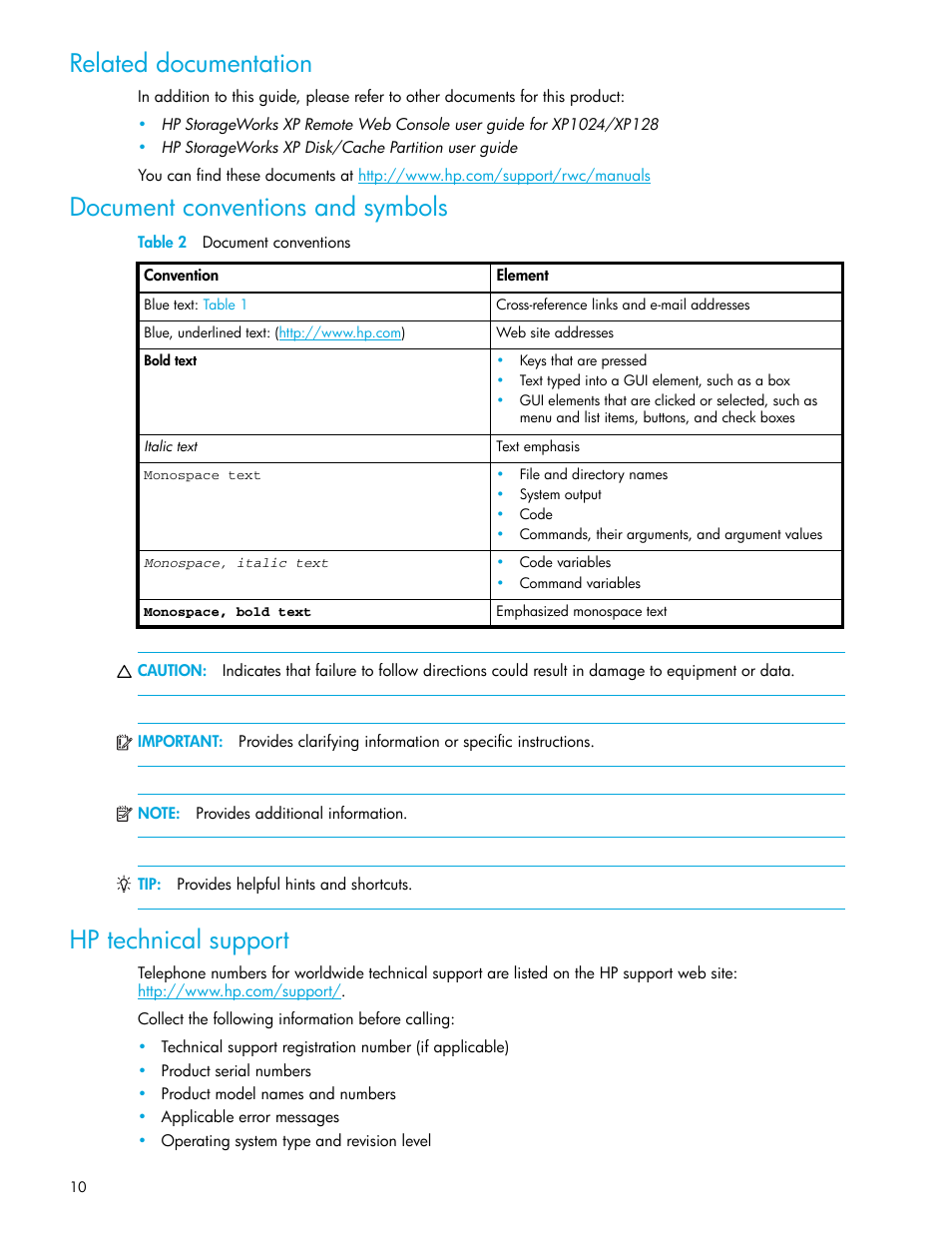 Related documentation, Document conventions and symbols, Table 2 document conventions | Hp technical support, 2 document conventions | HP StorageWorks XP Remote Web Console Software User Manual | Page 10 / 88