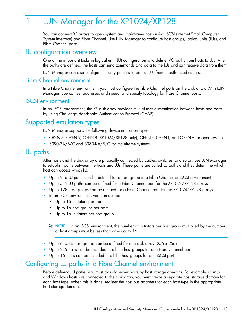 1 lun manager for the xp1024/xp128, Lu configuration overview, Fibre channel environment | Iscsi environment, Supported emulation types, Lu paths, Lun manager for the xp1024/xp128 | HP StorageWorks XP Remote Web Console Software User Manual | Page 13 / 88