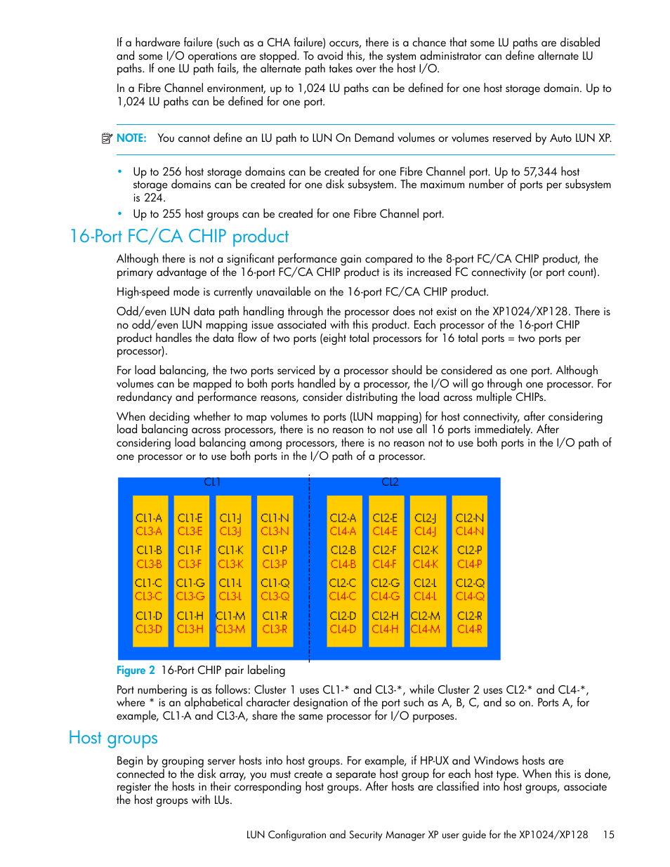 Port fc/ca chip product, Figure 2 16-port chip pair labeling, Host groups | 2 16-port chip pair labeling | HP StorageWorks XP Remote Web Console Software User Manual | Page 15 / 88