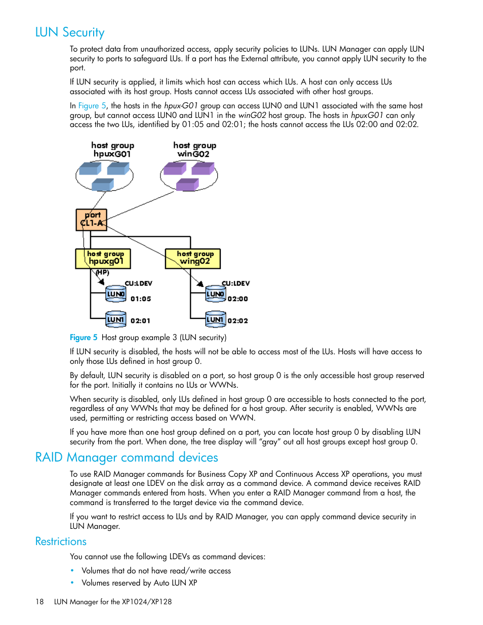 Lun security, Figure 5 host group example 3 (lun security), Raid manager command devices | Restrictions, 5 host group example 3 (lun security) | HP StorageWorks XP Remote Web Console Software User Manual | Page 18 / 88