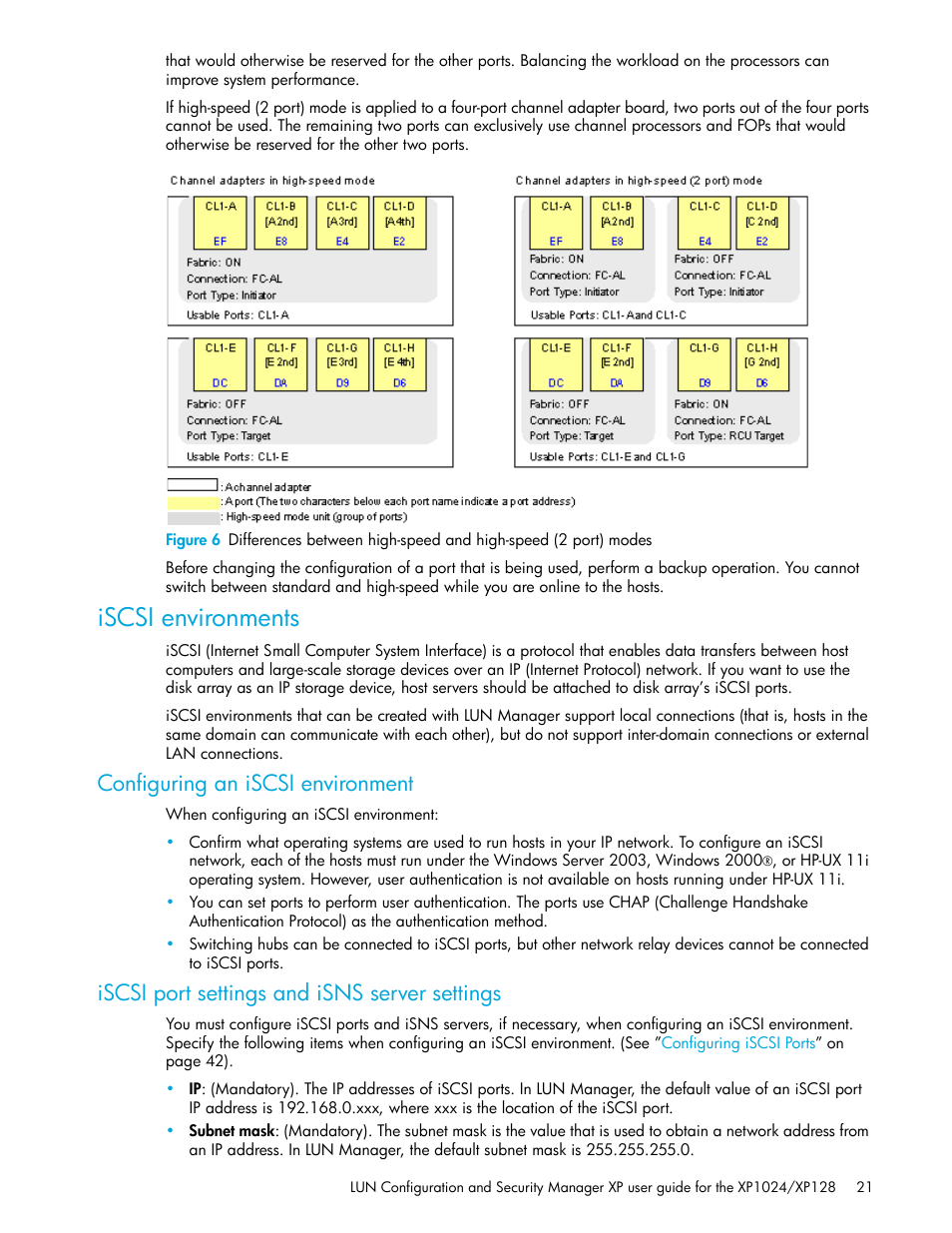 Iscsi environments, Configuring an iscsi environment, Iscsi port settings and isns server settings | HP StorageWorks XP Remote Web Console Software User Manual | Page 21 / 88