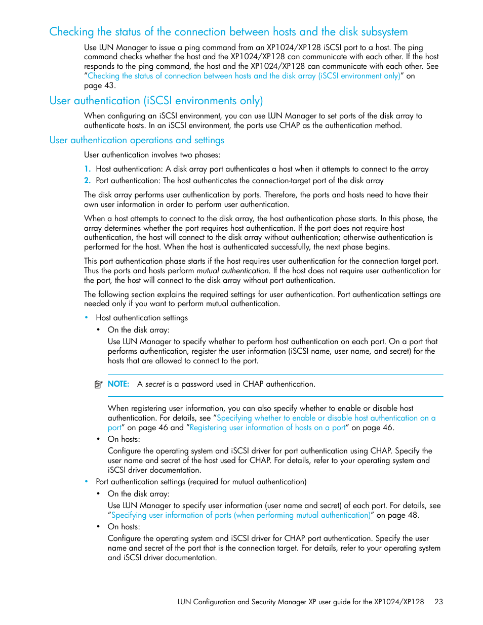 User authentication (iscsi environments only), User authentication operations and settings | HP StorageWorks XP Remote Web Console Software User Manual | Page 23 / 88