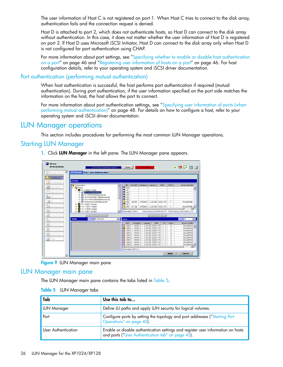 Lun manager operations, Starting lun manager, Figure 9 lun manager main pane | Lun manager main pane, Table 5 lun manager tabs, 9 lun manager main pane, 5 lun manager tabs | HP StorageWorks XP Remote Web Console Software User Manual | Page 26 / 88