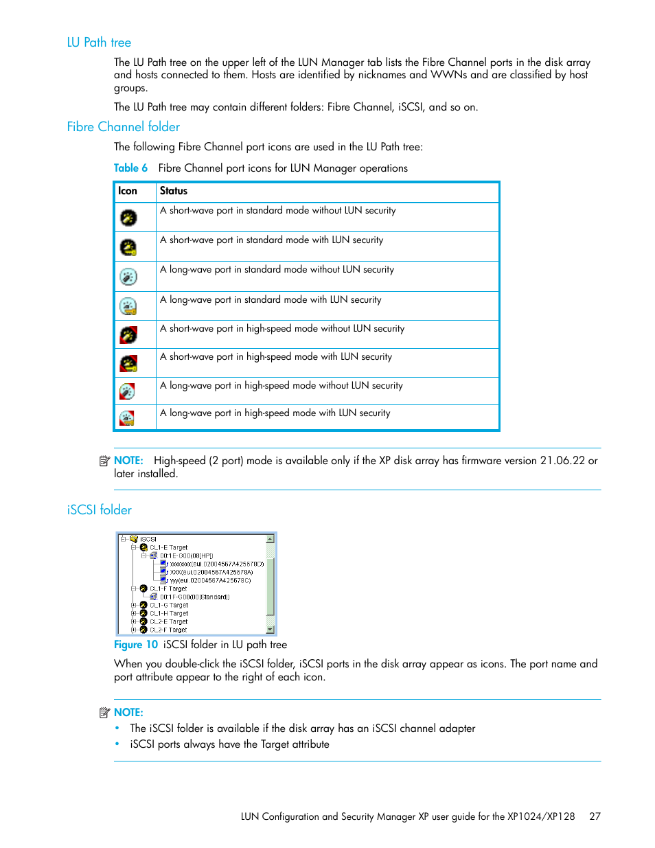 Lu path tree, Fibre channel folder, Iscsi folder | Figure 10 iscsi folder in lu path tree, 10 iscsi folder in lu path tree | HP StorageWorks XP Remote Web Console Software User Manual | Page 27 / 88