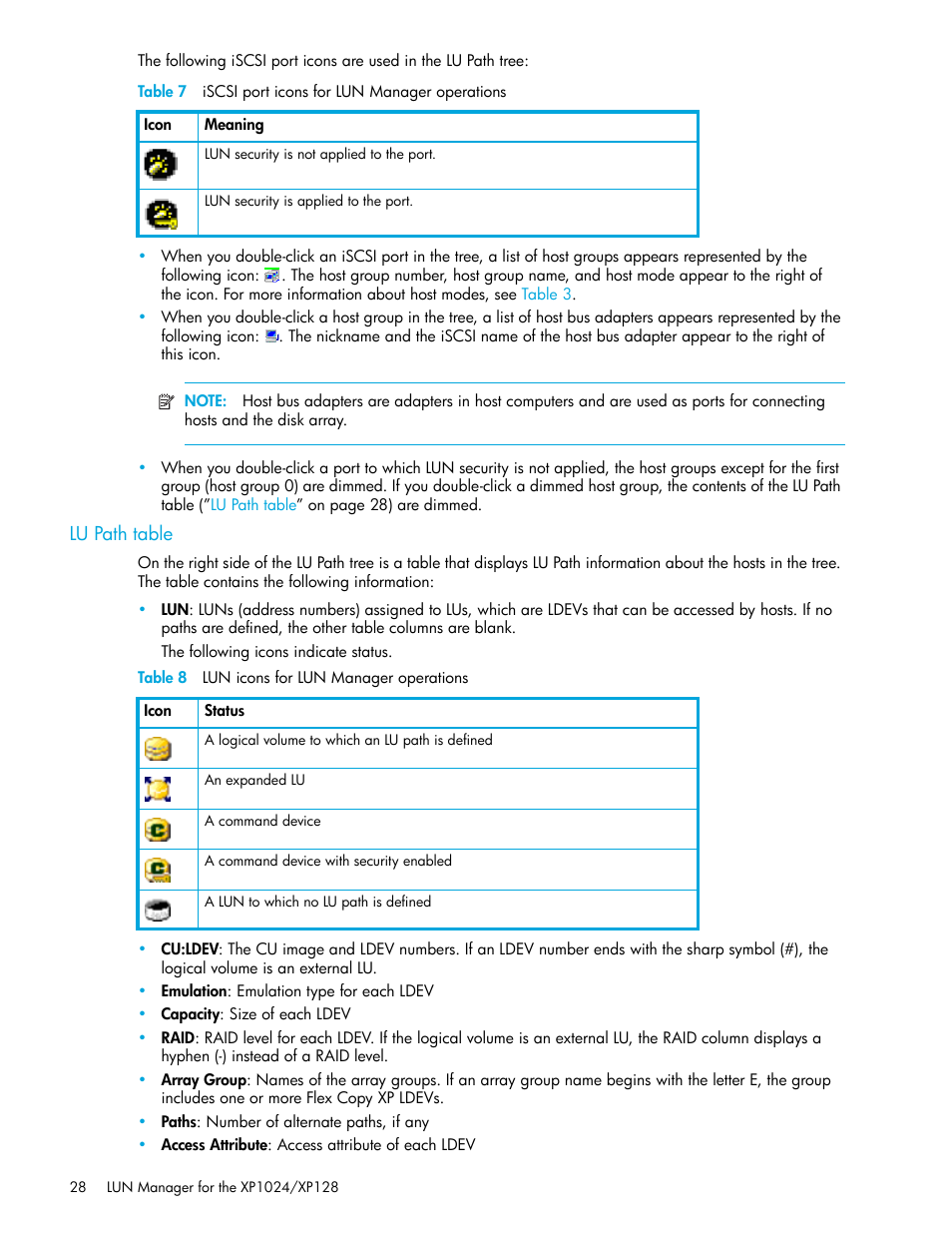 Lu path table, Table 8 lun icons for lun manager operations, 7 iscsi port icons for lun manager operations | 8 lun icons for lun manager operations | HP StorageWorks XP Remote Web Console Software User Manual | Page 28 / 88