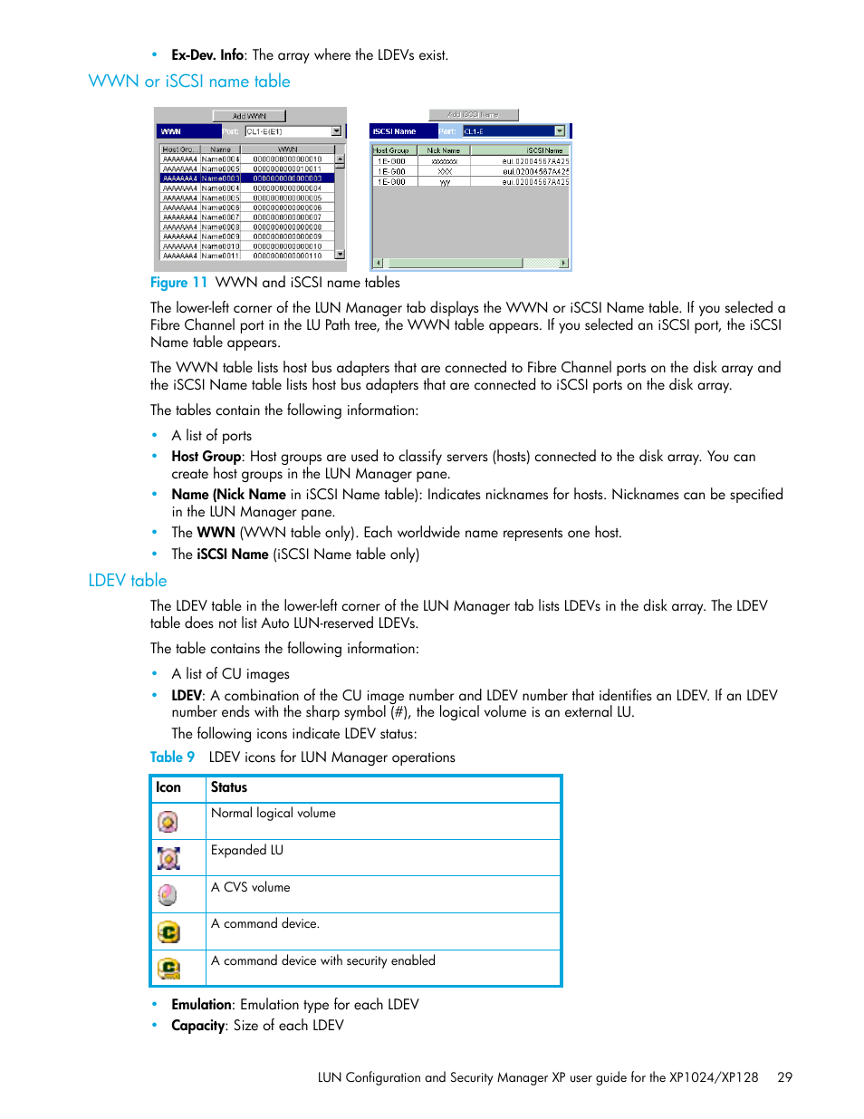 Wwn or iscsi name table, Figure 11 wwn and iscsi name tables, Ldev table | Table 9 ldev icons for lun manager operations, 11 wwn and iscsi name tables, 9 ldev icons for lun manager operations | HP StorageWorks XP Remote Web Console Software User Manual | Page 29 / 88