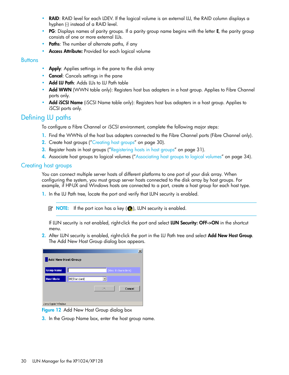 Buttons, Defining lu paths, Creating host groups | Figure 12 add new host group dialog box, 12 add new host group dialog box | HP StorageWorks XP Remote Web Console Software User Manual | Page 30 / 88