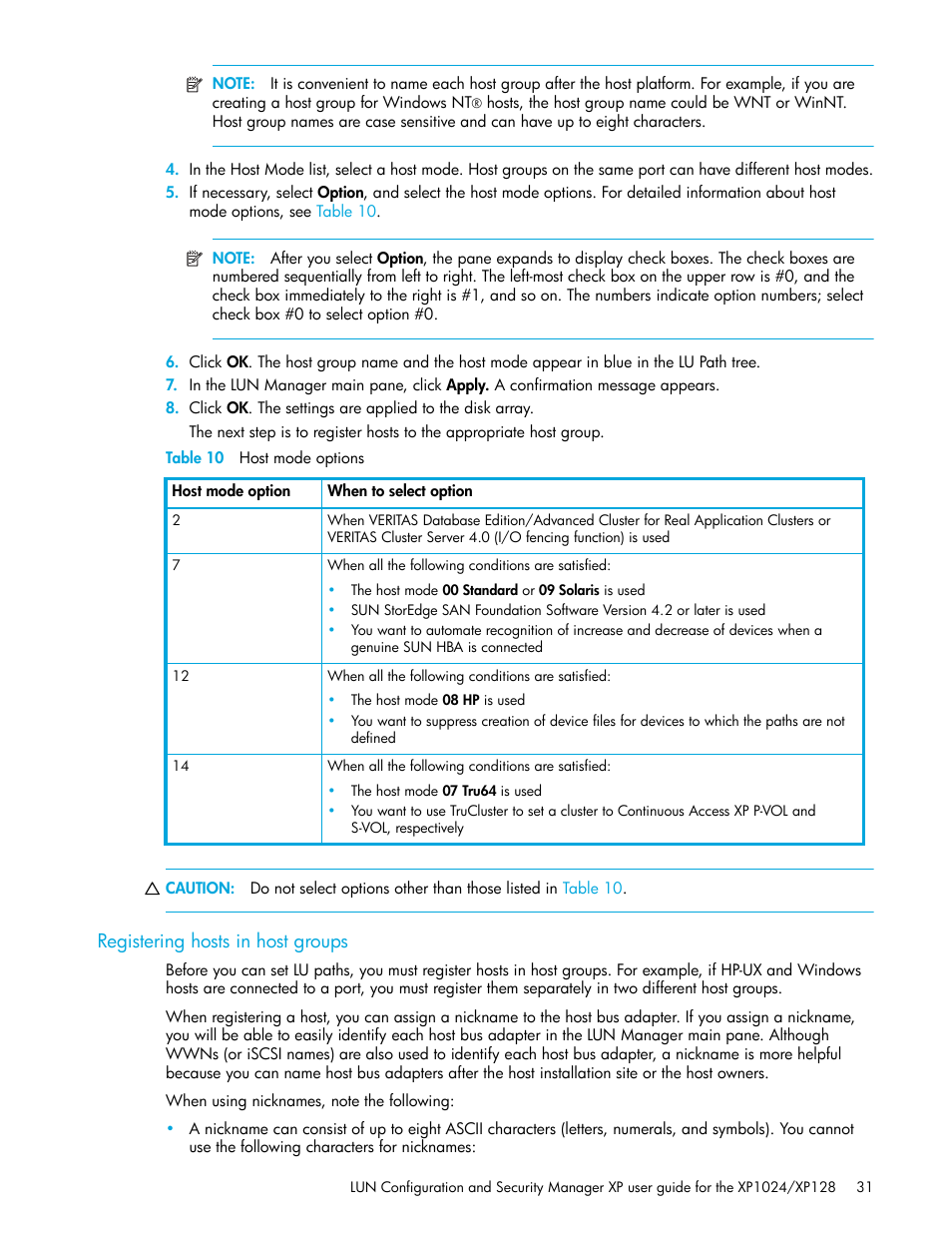 Table 10 host mode options, Registering hosts in host groups, 10 host mode options | HP StorageWorks XP Remote Web Console Software User Manual | Page 31 / 88