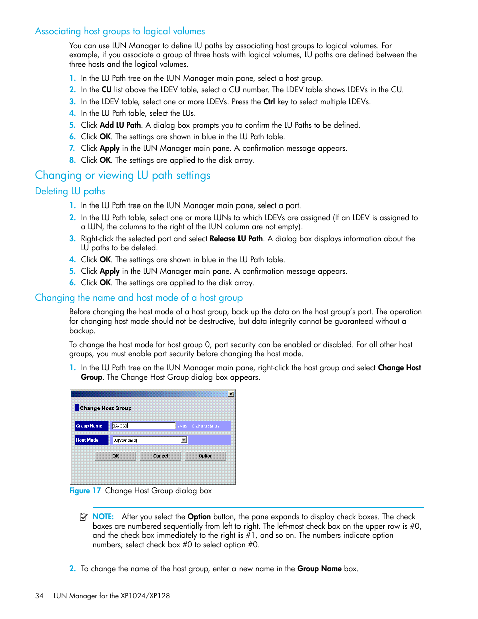 Associating host groups to logical volumes, Changing or viewing lu path settings, Deleting lu paths | Changing the name and host mode of a host group, Figure 17 change host group dialog box, 17 change host group dialog box | HP StorageWorks XP Remote Web Console Software User Manual | Page 34 / 88