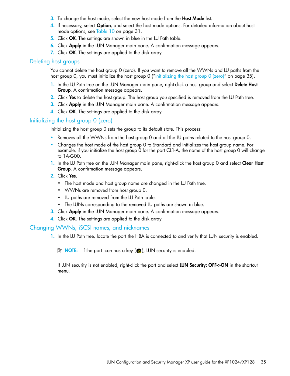 Deleting host groups, Initializing the host group 0 (zero), Changing wwns, iscsi names, and nicknames | HP StorageWorks XP Remote Web Console Software User Manual | Page 35 / 88