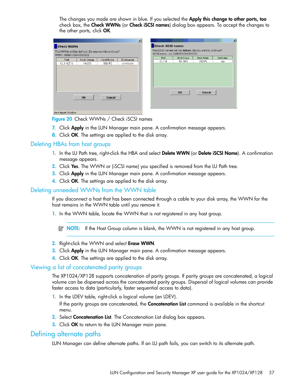 Figure 20 check wwns / check iscsi names, Deleting hbas from host groups, Deleting unneeded wwns from the wwn table | Viewing a list of concatenated parity groups, Defining alternate paths, 20 check wwns / check iscsi names | HP StorageWorks XP Remote Web Console Software User Manual | Page 37 / 88