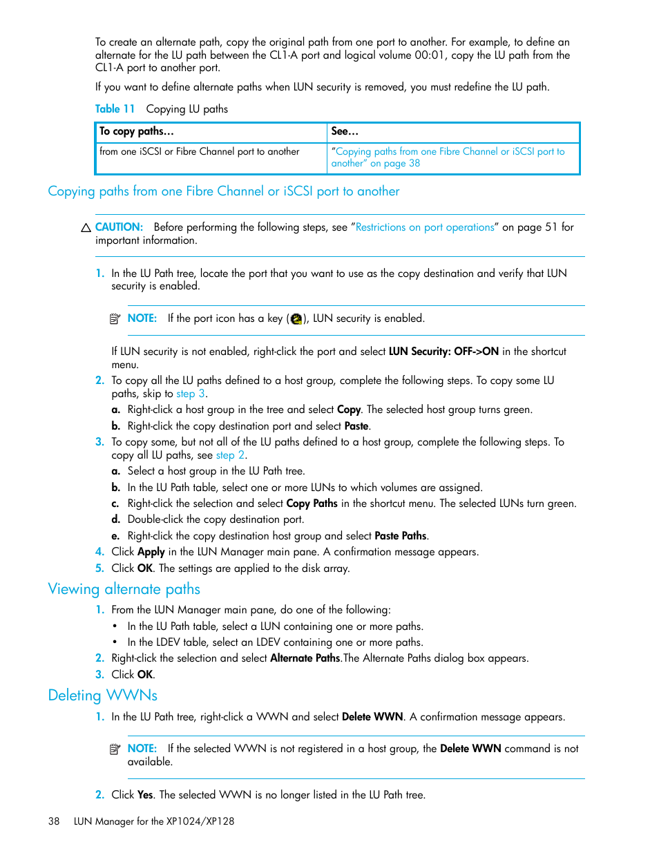 Table 11 copying lu paths, Viewing alternate paths, Deleting wwns | 11 copying lu paths | HP StorageWorks XP Remote Web Console Software User Manual | Page 38 / 88