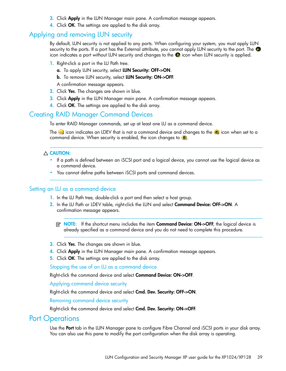 Applying and removing lun security, Creating raid manager command devices, Setting an lu as a command device | Stopping the use of an lu as a command device, Applying command device security, Removing command device security, Port operations | HP StorageWorks XP Remote Web Console Software User Manual | Page 39 / 88