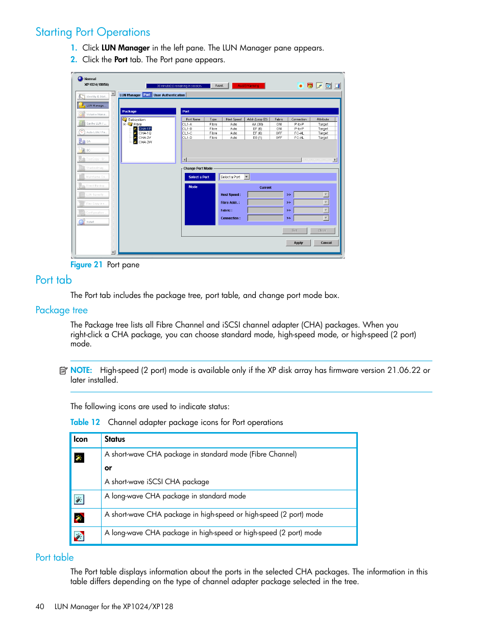 Starting port operations, Figure 21 port pane, Port tab | Package tree, Port table, 21 port pane, Starting port | HP StorageWorks XP Remote Web Console Software User Manual | Page 40 / 88