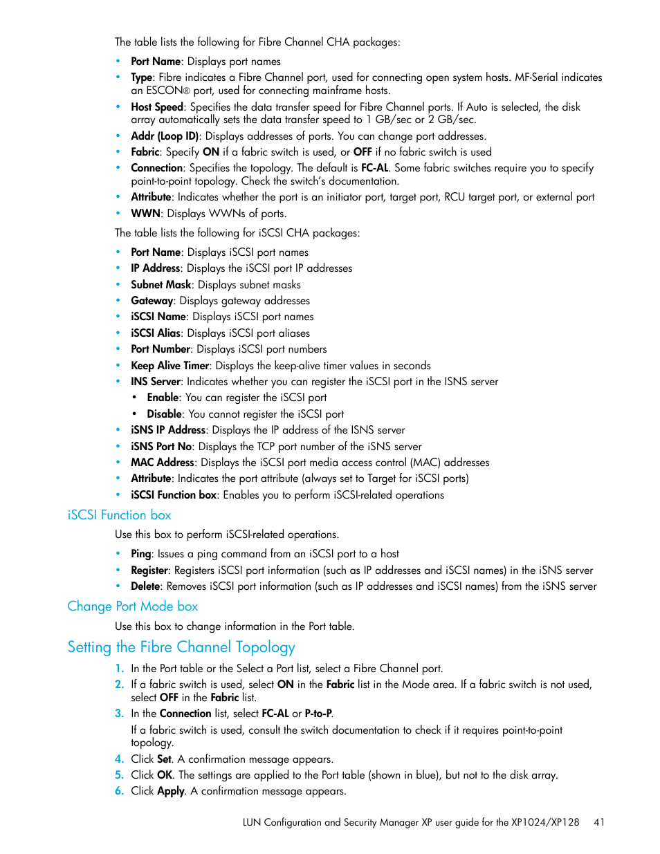 Iscsi function box, Change port mode box, Setting the fibre channel topology | HP StorageWorks XP Remote Web Console Software User Manual | Page 41 / 88