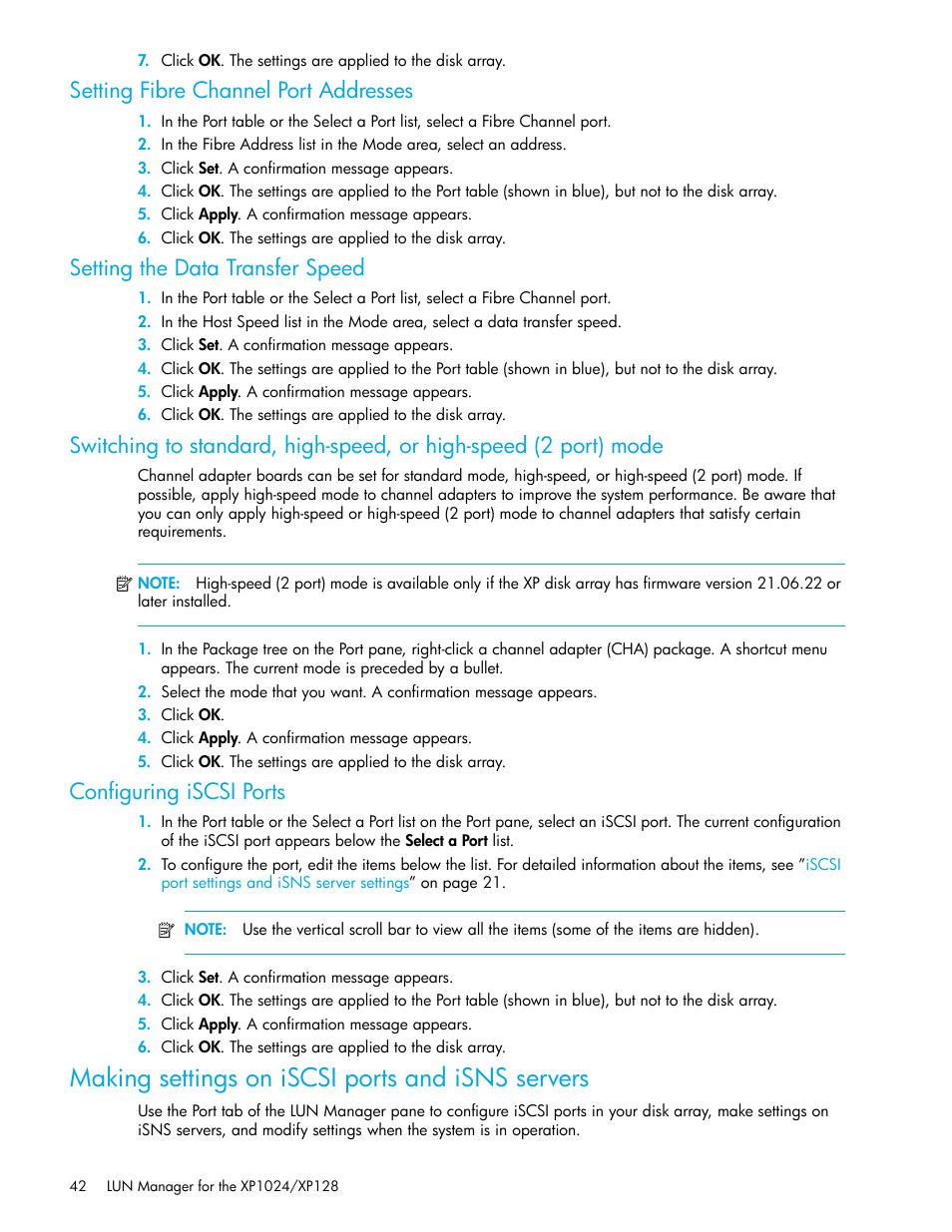 Setting fibre channel port addresses, Setting the data transfer speed, Configuring iscsi ports | Making settings on iscsi ports and isns servers | HP StorageWorks XP Remote Web Console Software User Manual | Page 42 / 88