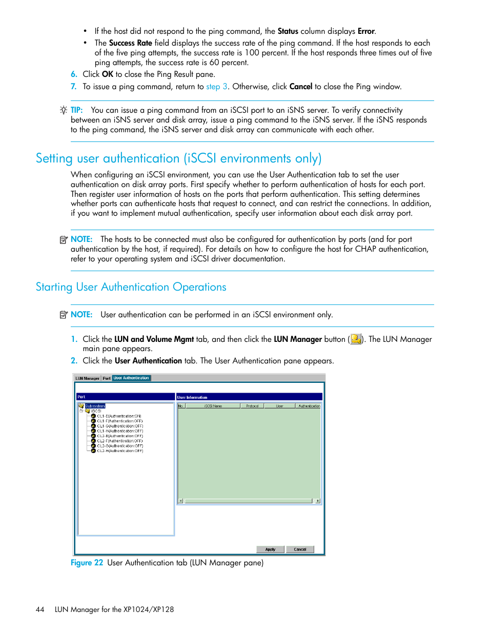 Starting user authentication operations, 22 user authentication tab (lun manager pane) | HP StorageWorks XP Remote Web Console Software User Manual | Page 44 / 88