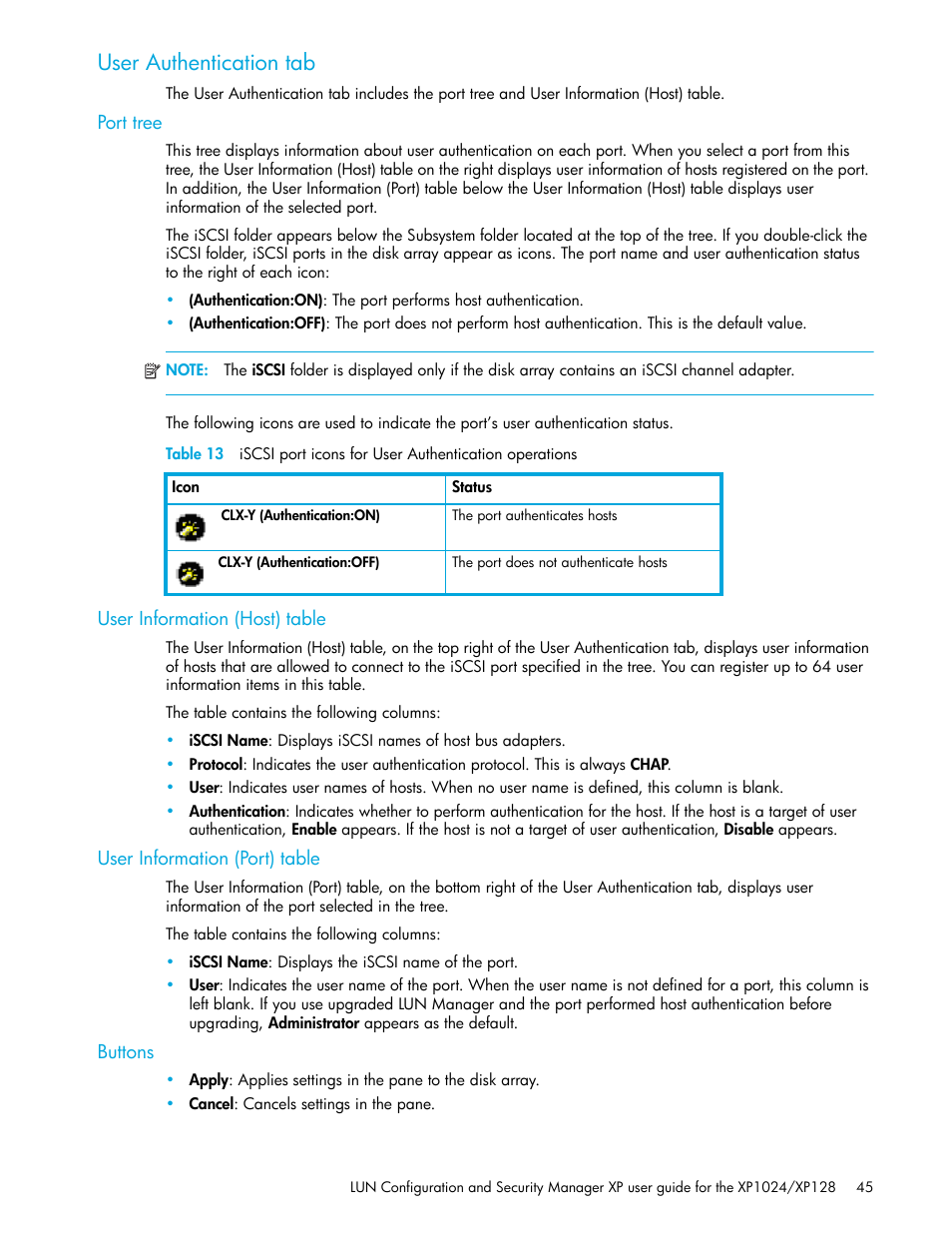 User authentication tab, Port tree, User information (host) table | User information (port) table, Buttons | HP StorageWorks XP Remote Web Console Software User Manual | Page 45 / 88