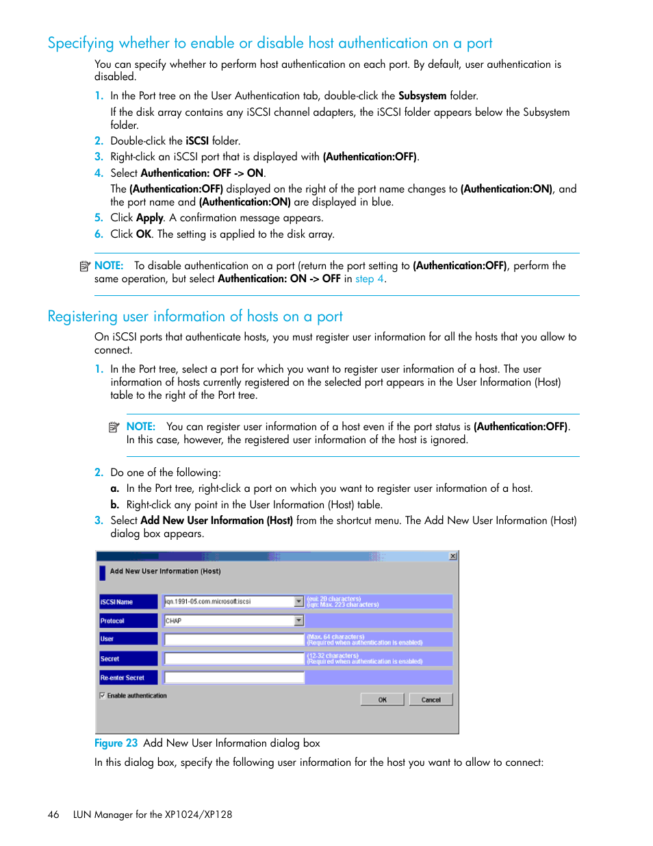 Registering user information of hosts on a port, Figure 23 add new user information dialog box, 23 add new user information dialog box | Port, On a port | HP StorageWorks XP Remote Web Console Software User Manual | Page 46 / 88