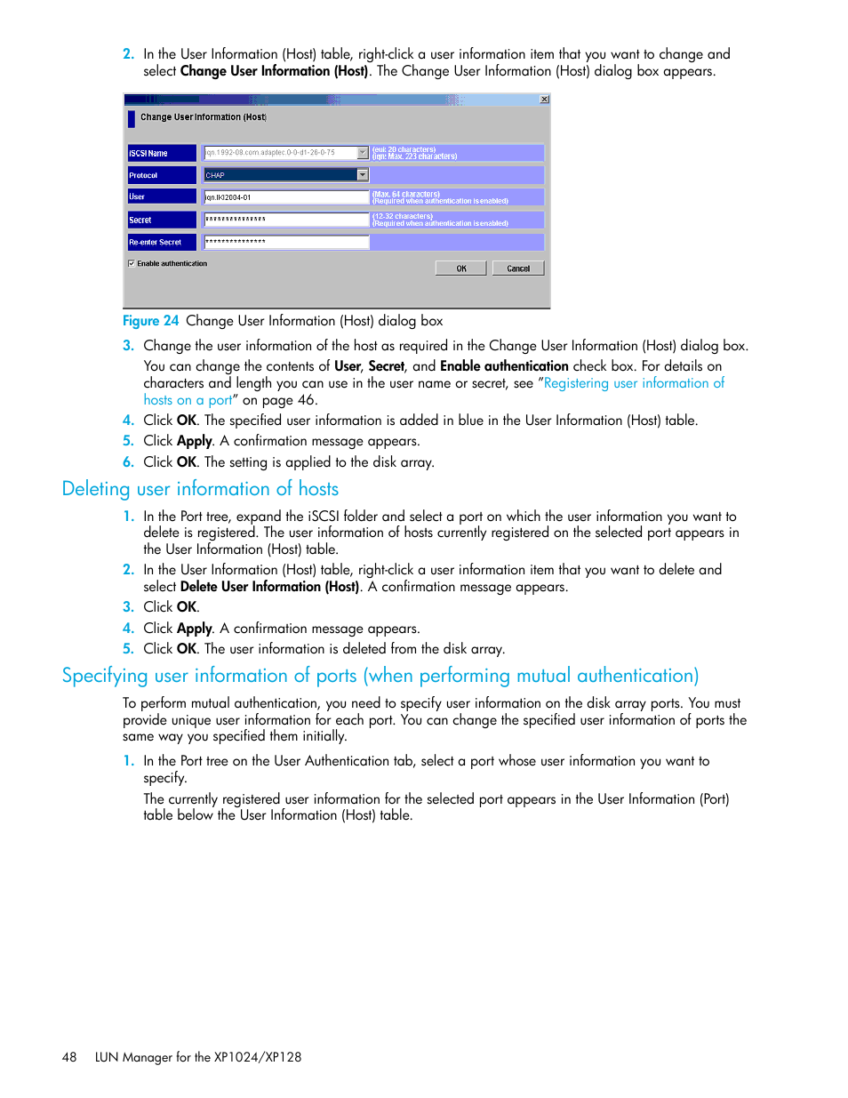 Deleting user information of hosts, 24 change user information (host) dialog box, Specifying user information of ports (when | Performing mutual authentication) | HP StorageWorks XP Remote Web Console Software User Manual | Page 48 / 88