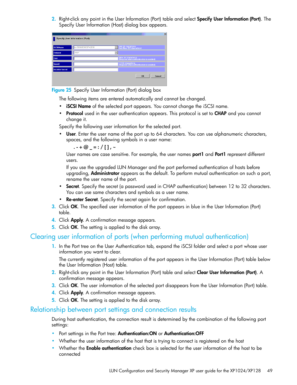 25 specify user information (port) dialog box | HP StorageWorks XP Remote Web Console Software User Manual | Page 49 / 88