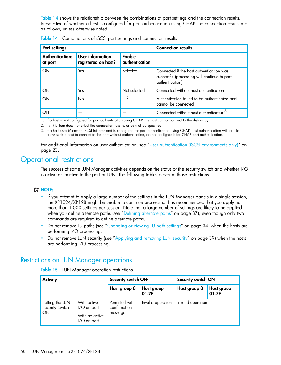 Operational restrictions, Restrictions on lun manager operations, Table 15 lun manager operation restrictions | 15 lun manager operation restrictions | HP StorageWorks XP Remote Web Console Software User Manual | Page 50 / 88