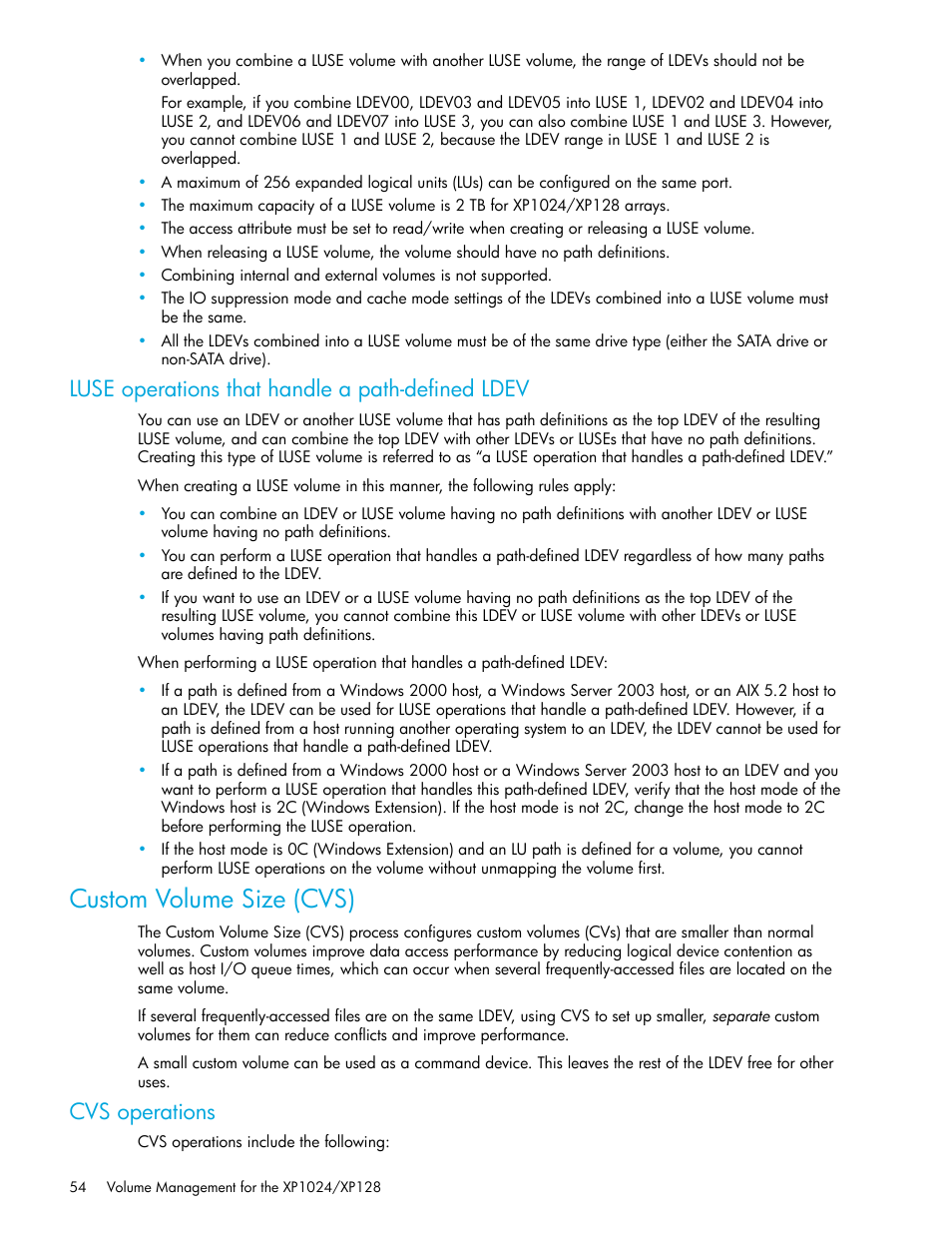 Luse operations that handle a path-defined ldev, Custom volume size (cvs), Cvs operations | HP StorageWorks XP Remote Web Console Software User Manual | Page 54 / 88