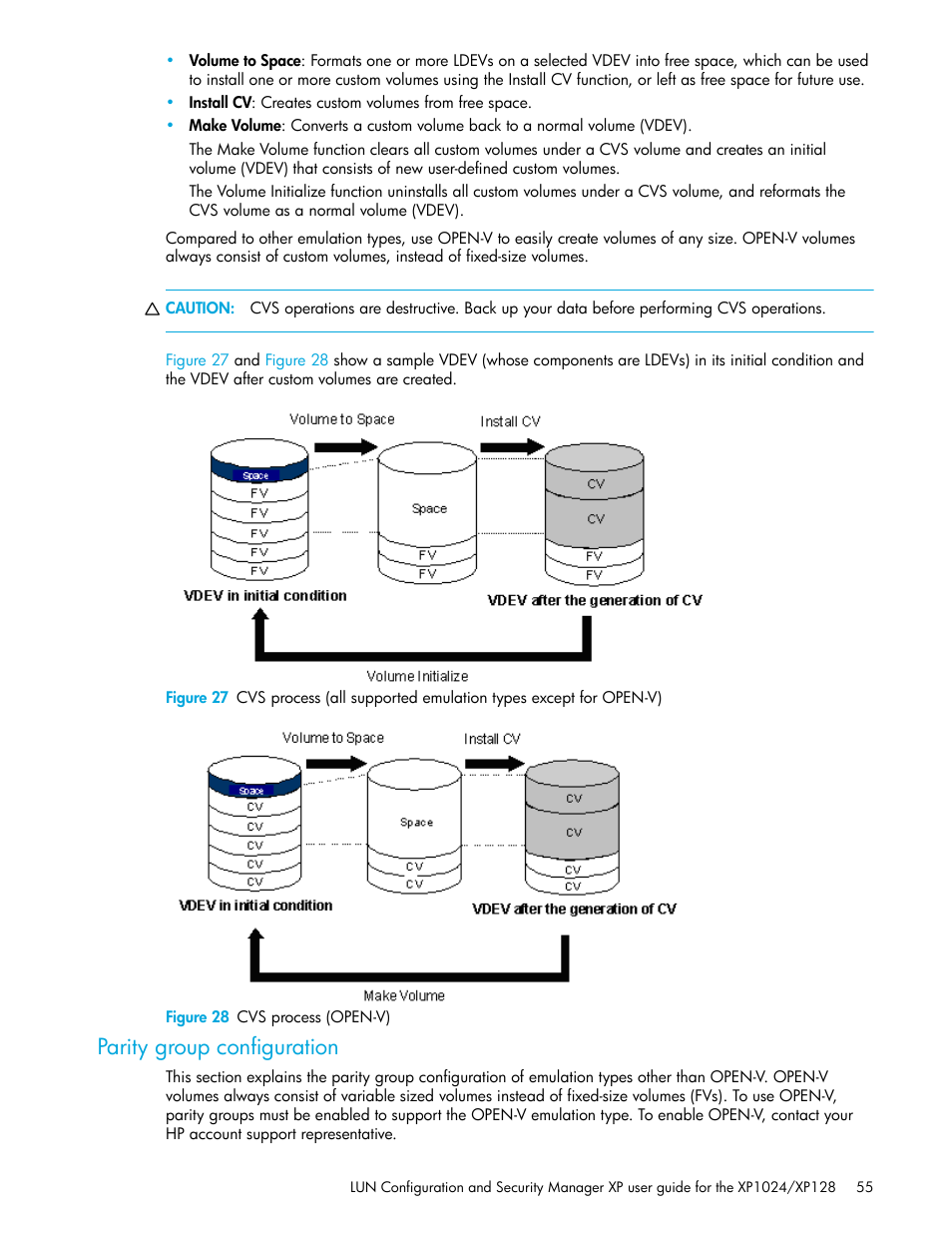 Figure 28 cvs process (open-v), Parity group configuration, 28 cvs process (open-v) | HP StorageWorks XP Remote Web Console Software User Manual | Page 55 / 88