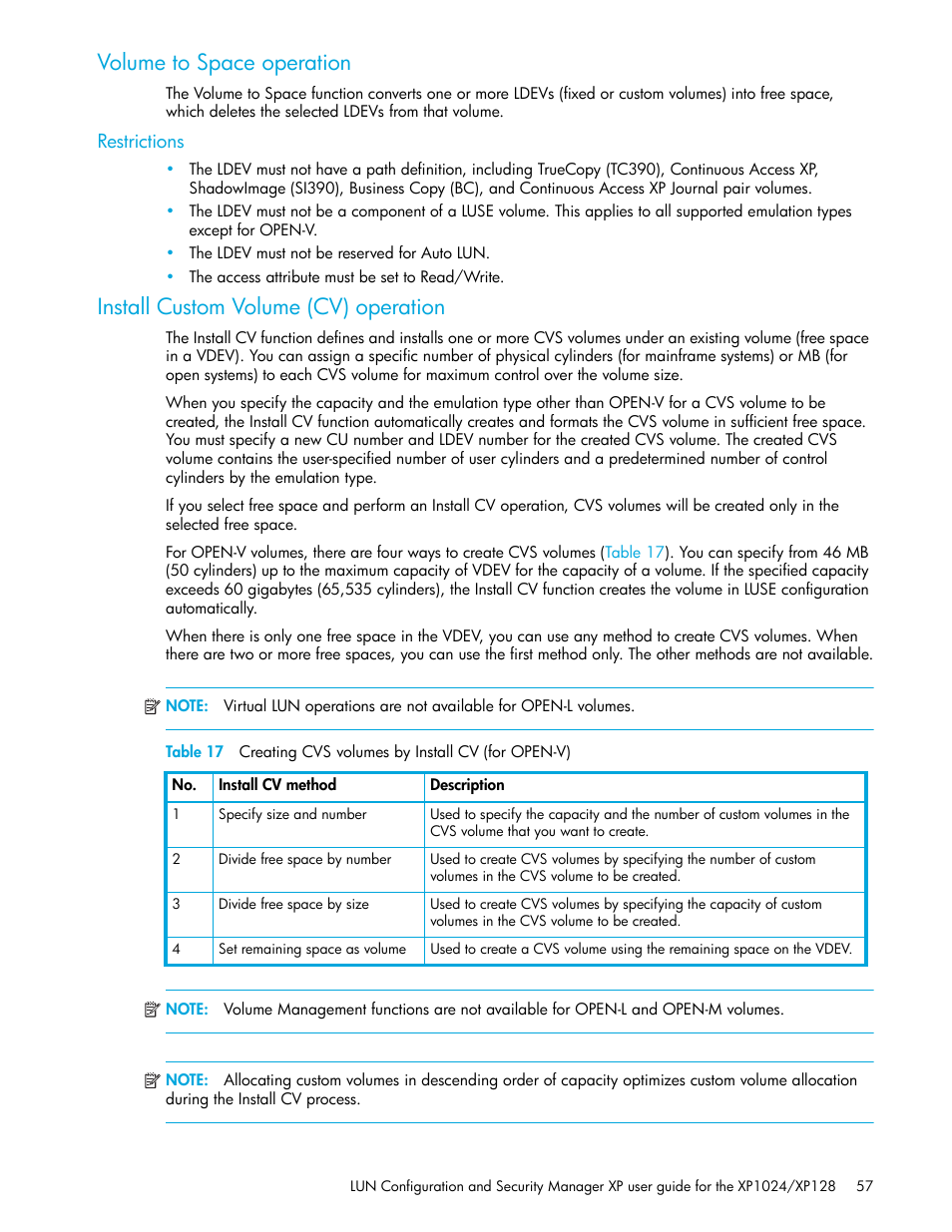 Volume to space operation, Restrictions, Install custom volume (cv) operation | 17 creating cvs volumes by install cv (for open-v) | HP StorageWorks XP Remote Web Console Software User Manual | Page 57 / 88