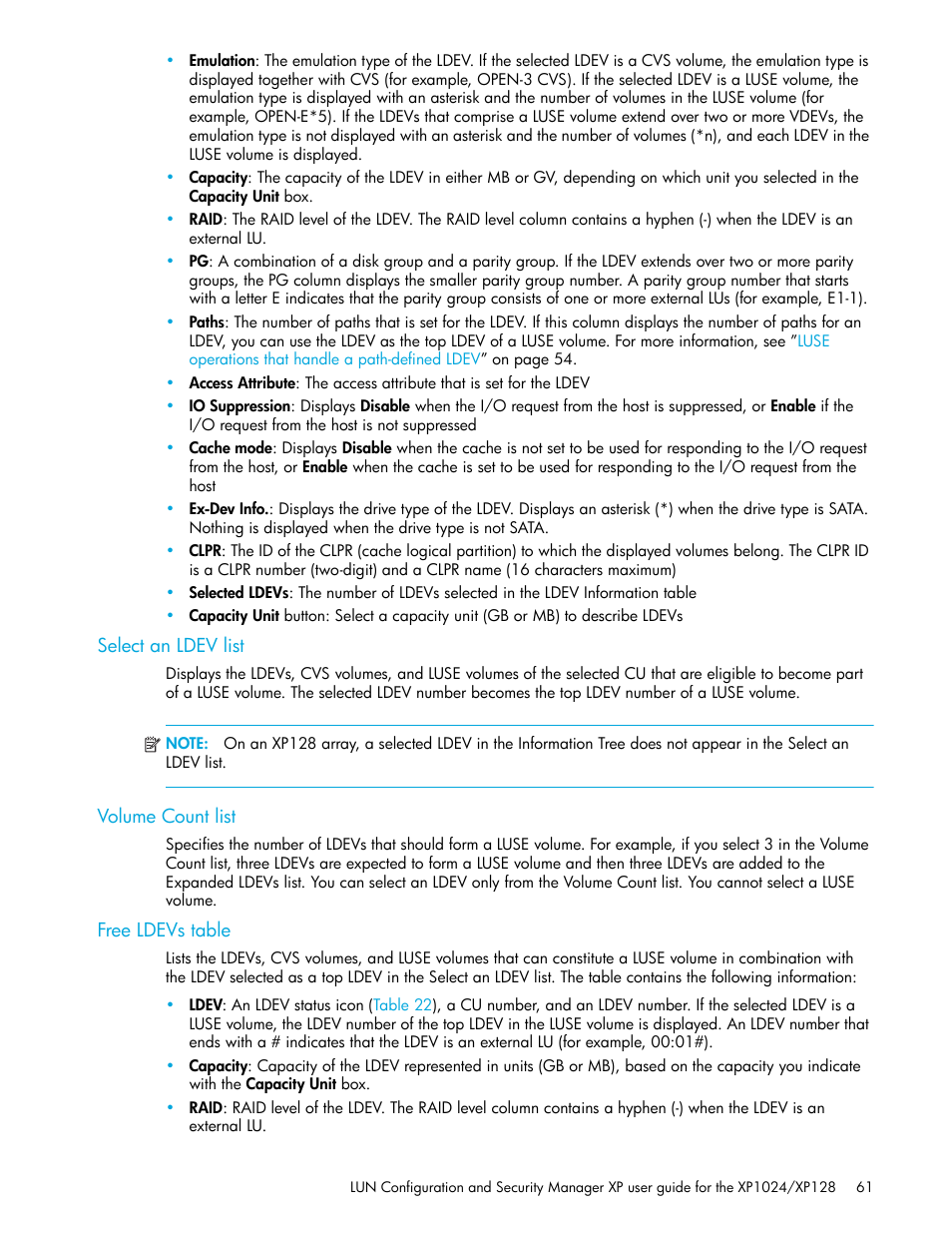 Select an ldev list, Volume count list, Free ldevs table | HP StorageWorks XP Remote Web Console Software User Manual | Page 61 / 88