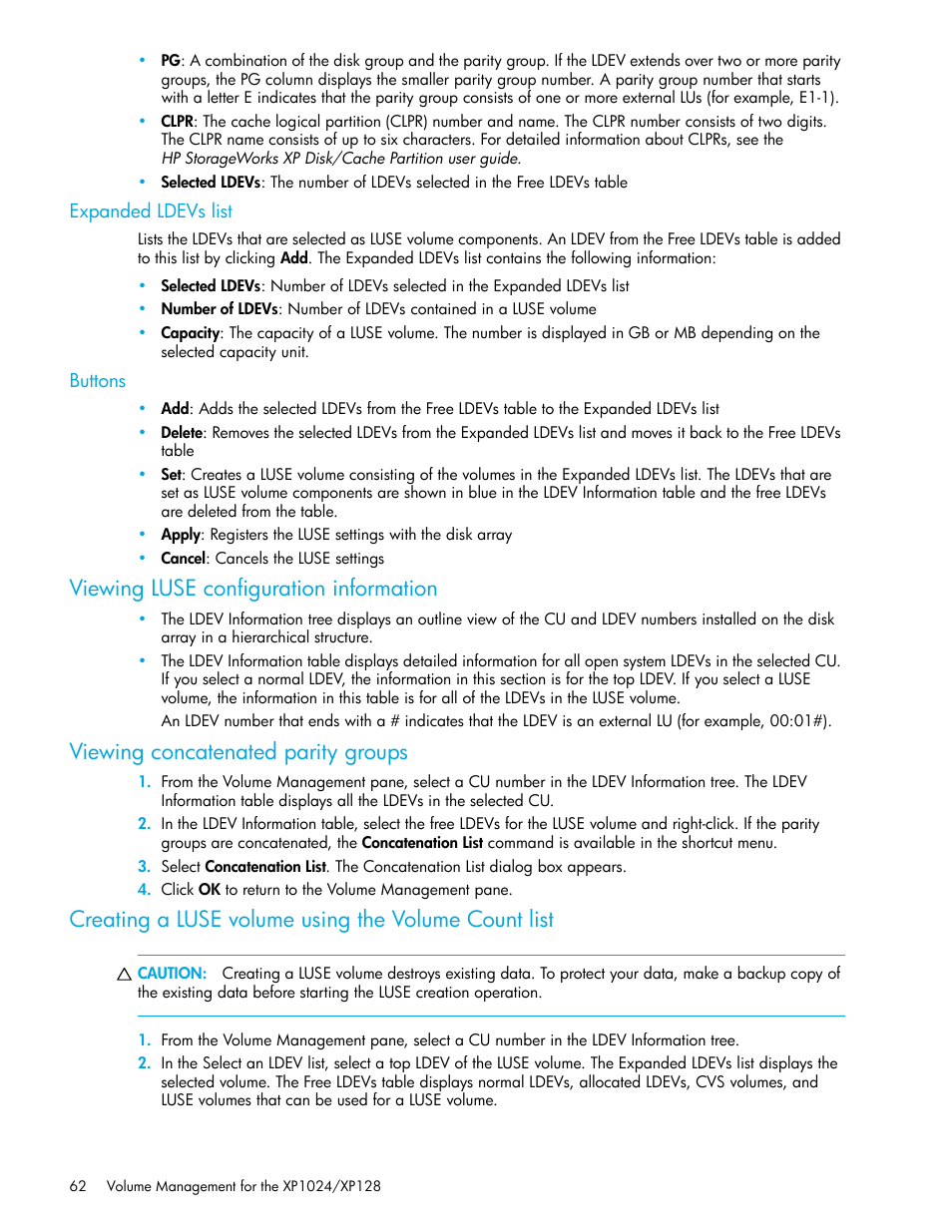 Expanded ldevs list, Buttons, Viewing luse configuration information | Viewing concatenated parity groups, Creating a luse volume using the volume count list | HP StorageWorks XP Remote Web Console Software User Manual | Page 62 / 88