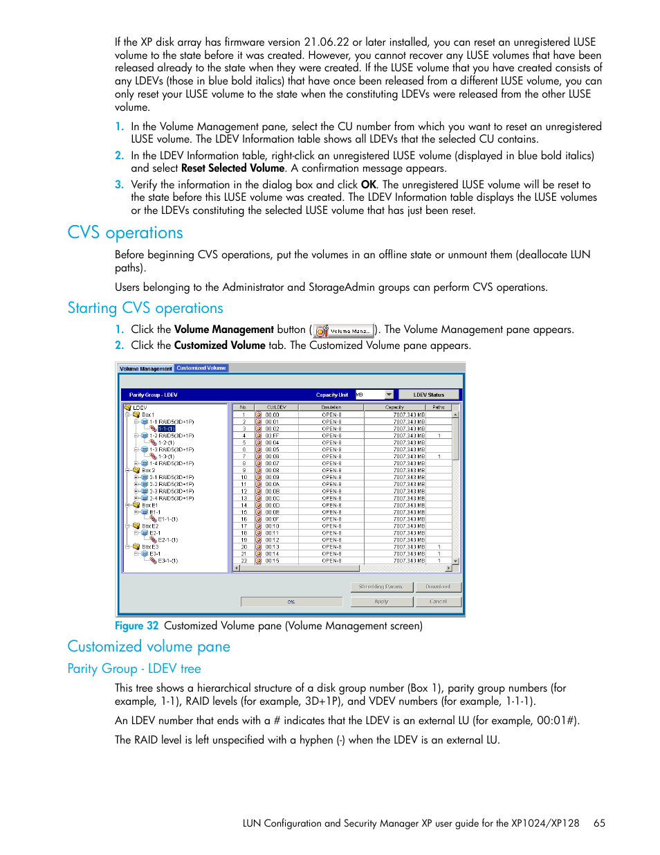 Cvs operations, Starting cvs operations, Customized volume pane | Parity group - ldev tree | HP StorageWorks XP Remote Web Console Software User Manual | Page 65 / 88