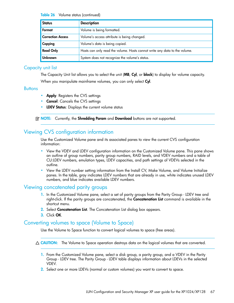 Capacity unit list, Buttons, Viewing cvs configuration information | Viewing concatenated parity groups, Converting volumes to space (volume to space) | HP StorageWorks XP Remote Web Console Software User Manual | Page 67 / 88