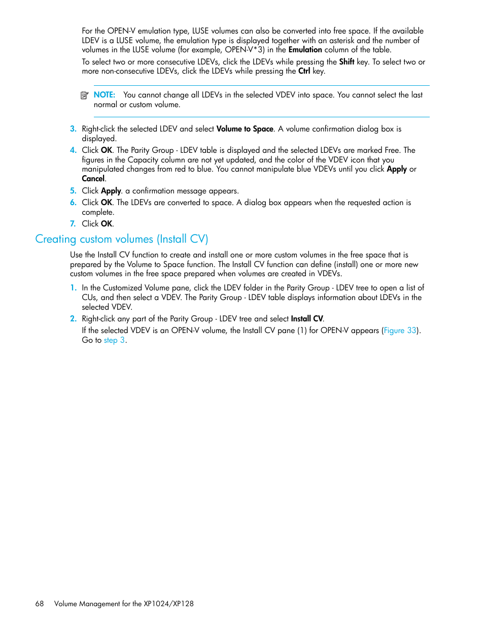 Creating custom volumes (install cv) | HP StorageWorks XP Remote Web Console Software User Manual | Page 68 / 88