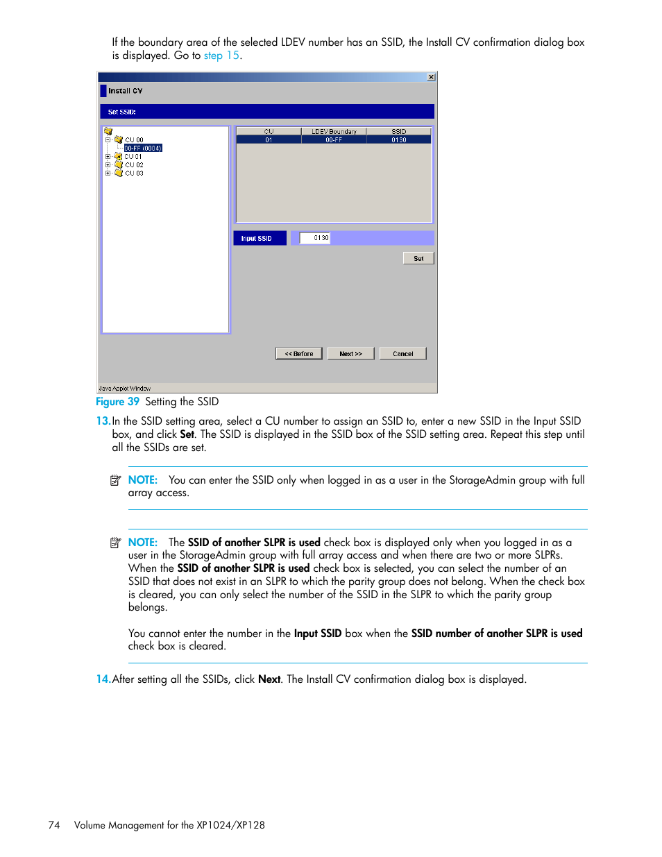 Figure 39 setting the ssid, 39 setting the ssid, Figure 39 | Step 13 | HP StorageWorks XP Remote Web Console Software User Manual | Page 74 / 88