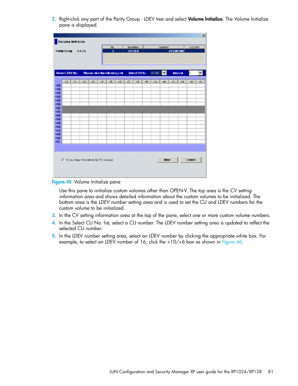 Figure 45 volume initialize pane, 45 volume initialize pane | HP StorageWorks XP Remote Web Console Software User Manual | Page 81 / 88