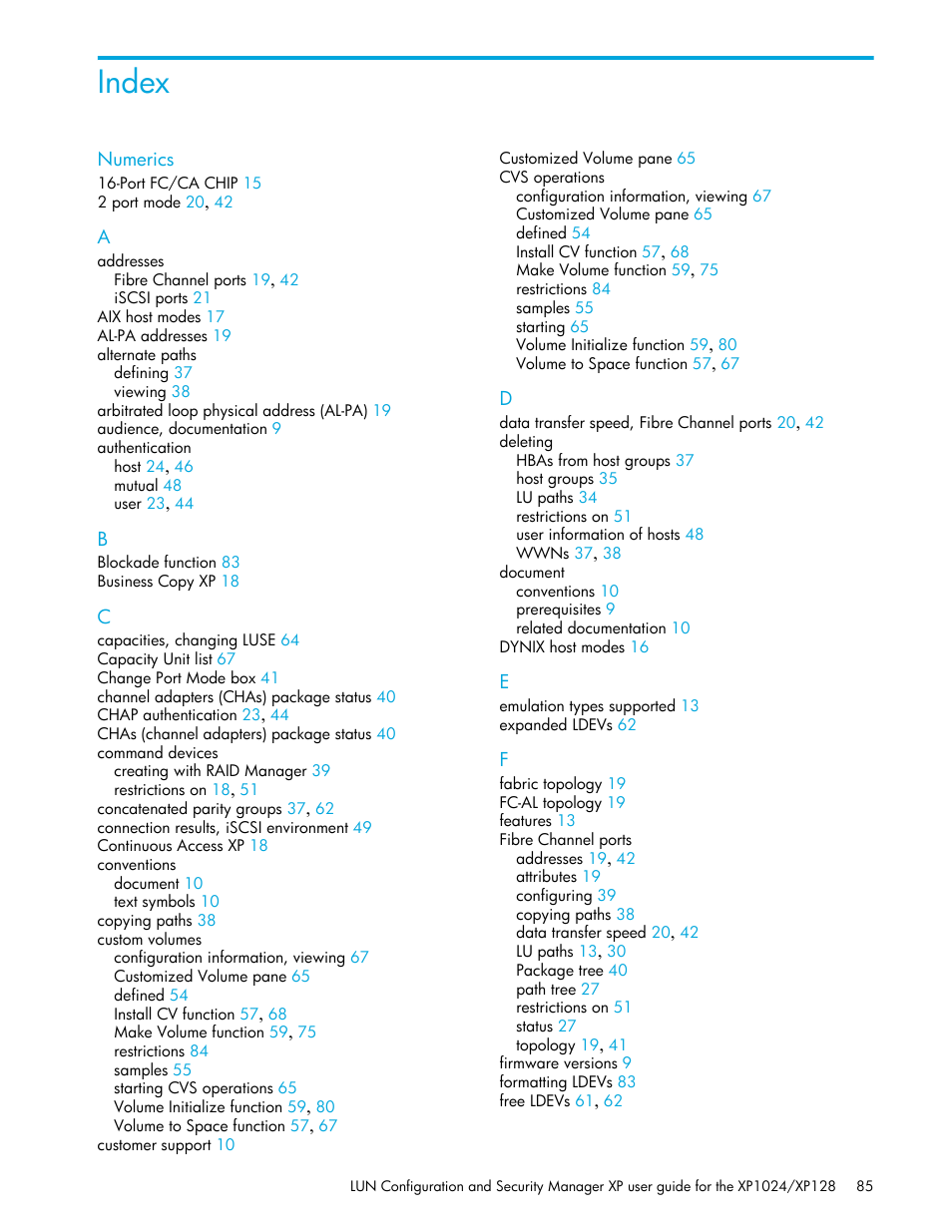 Index, Numerics | HP StorageWorks XP Remote Web Console Software User Manual | Page 85 / 88