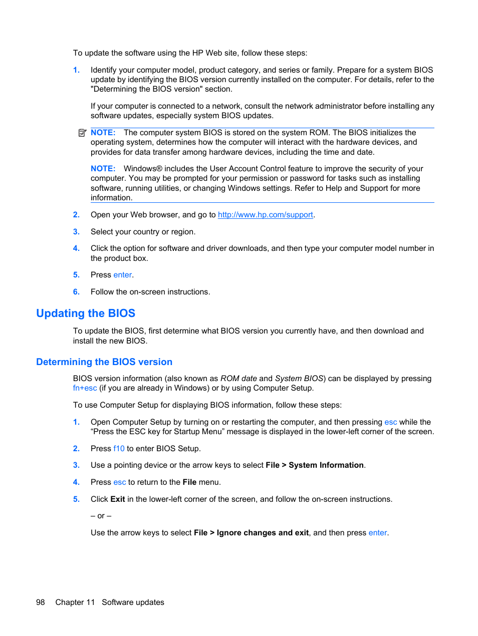 Updating the bios, Determining the bios version | HP Mini 5102 User Manual | Page 108 / 131